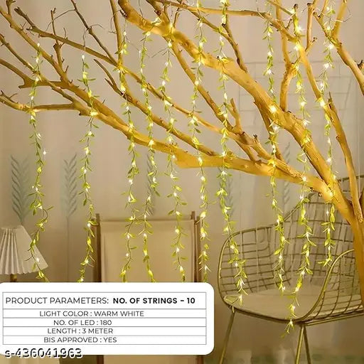 🌿 Artificial Leaf Curtain String Light with 8 Modes Remote Control (10x3 Feet, Warm White)