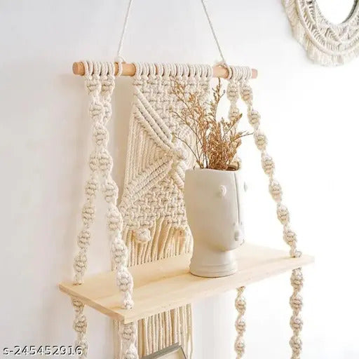Boho Macrame Wooden Wall Hanging Shelf – Handmade Decorative Display Rack