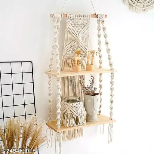 Boho Macrame Wooden Wall Hanging Shelf – Handmade Decorative Display Rack