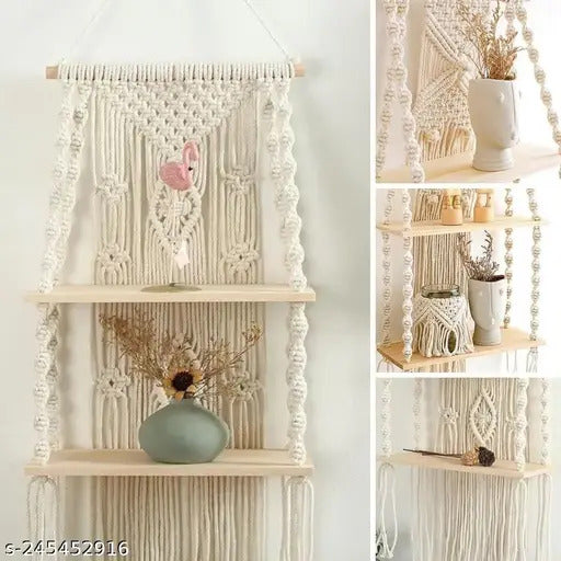 Boho Macrame Wooden Wall Hanging Shelf – Handmade Decorative Display Rack