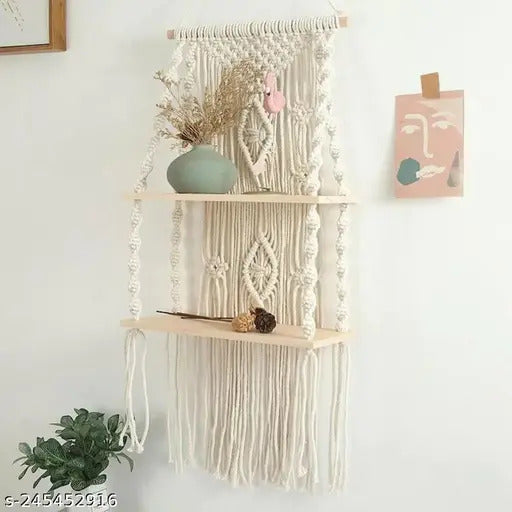 Boho Macrame Wooden Wall Hanging Shelf – Handmade Decorative Display Rack